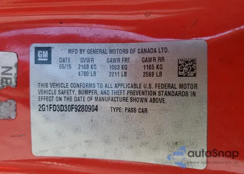 2015 Chevrolet Camaro Lt z USA, uszkodzony, nr VIN 2G1FD3D30F9280904